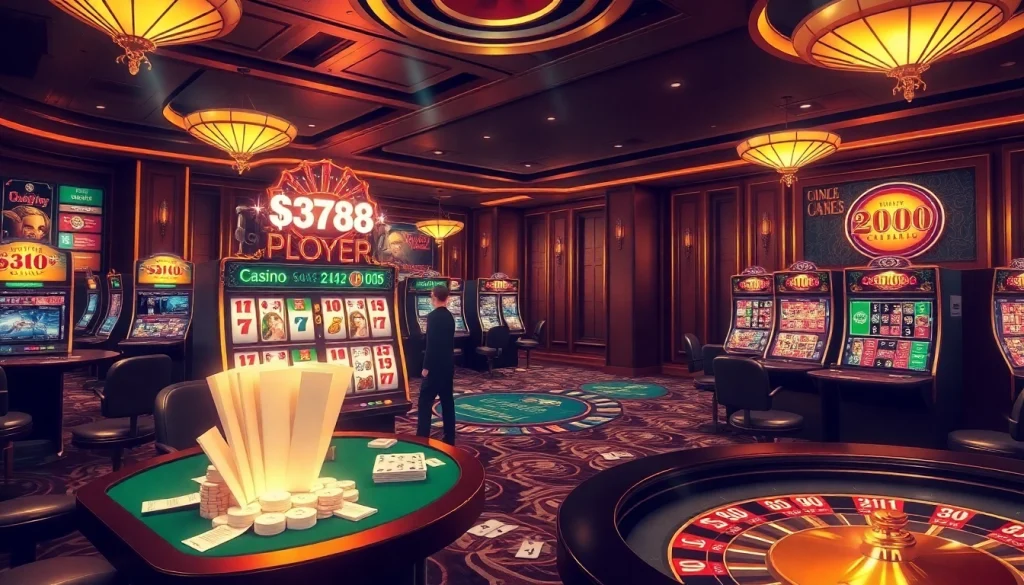 S88VIP casino scene showcasing virtual gambling excitement with poker, slots, and roulette elements.