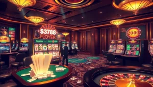 S88VIP casino scene showcasing virtual gambling excitement with poker, slots, and roulette elements.