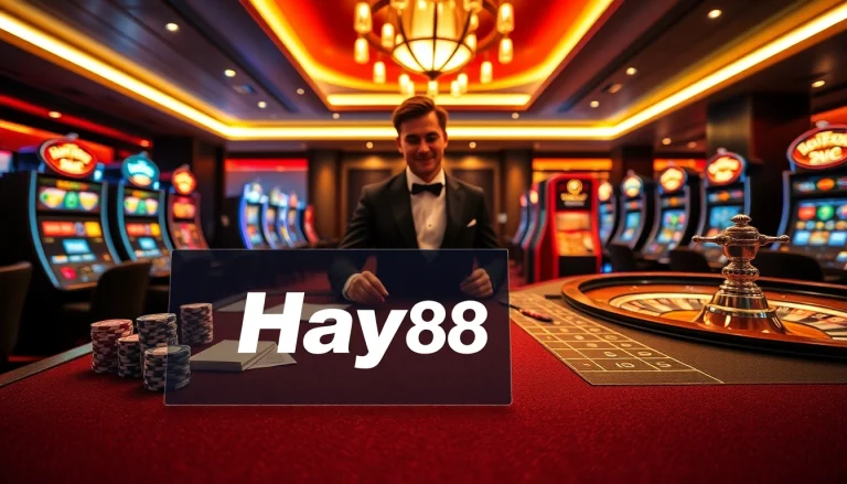 Experience the excitement at Hay88 casino with vibrant poker chips and a roulette wheel.