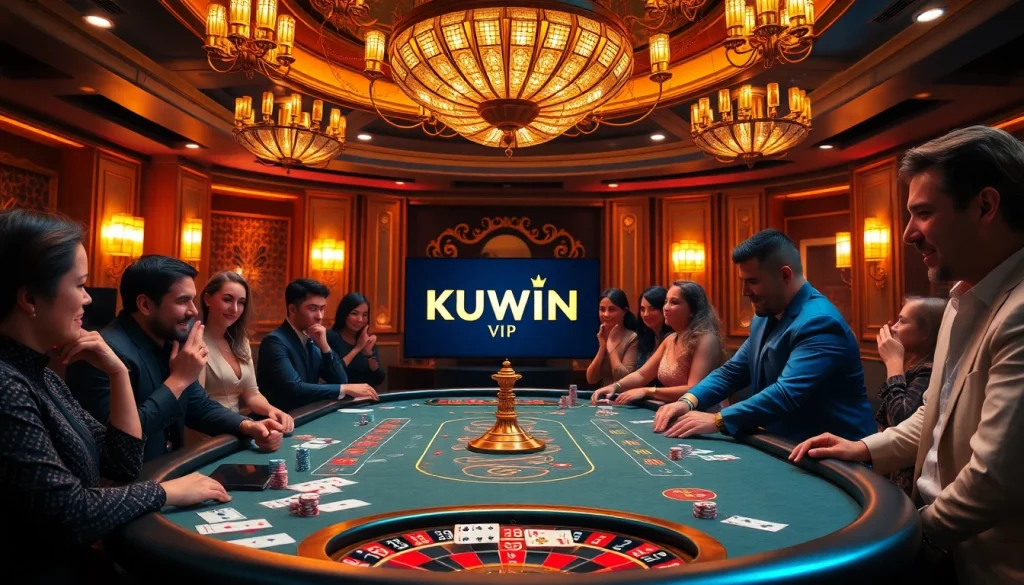 Kuwin vip players enjoying a thrilling poker game with colorful chips and a luxurious casino ambiance.