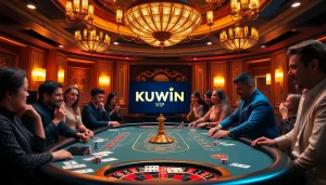 Kuwin vip players enjoying a thrilling poker game with colorful chips and a luxurious casino ambiance.