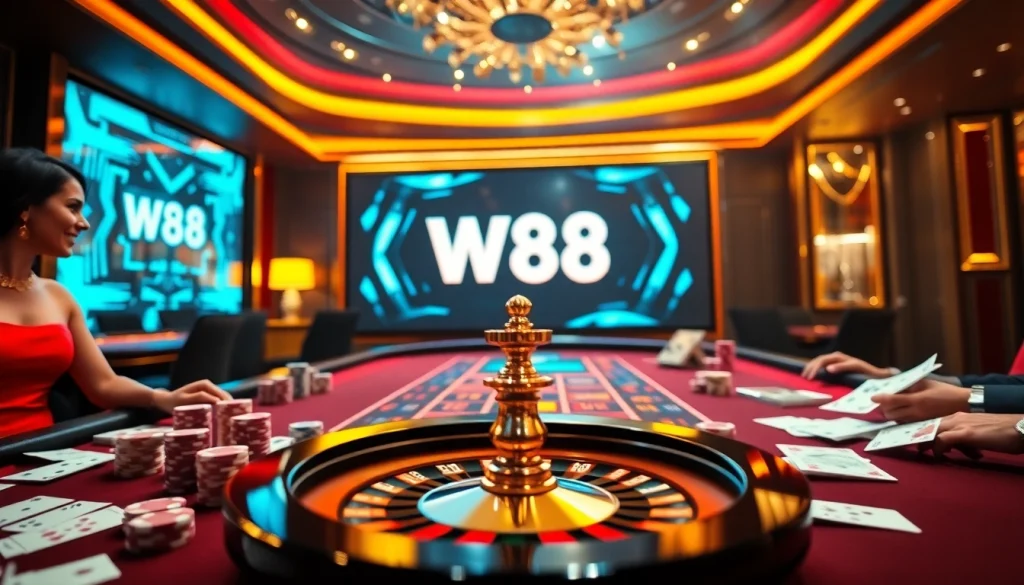 Người chơi hào hứng tại bàn casino sang trọng đang tương tác với liên kết W88 để đặt cược trực tuyến trơn tru.