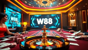 Người chơi hào hứng tại bàn casino sang trọng đang tương tác với liên kết W88 để đặt cược trực tuyến trơn tru.