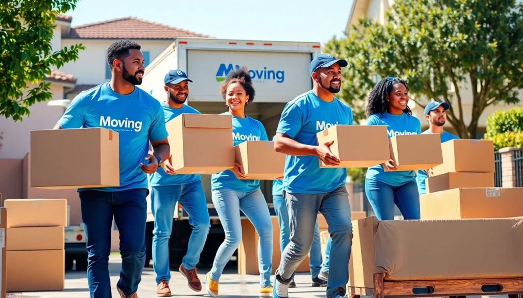 Professional movers from a Moving Company San Diego efficiently handling furniture and boxes in a sunny neighborhood.