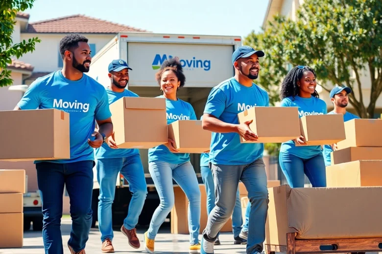 Professional movers from a Moving Company San Diego efficiently handling furniture and boxes in a sunny neighborhood.