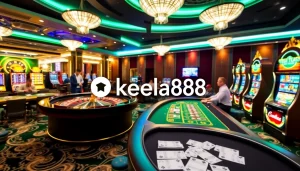 Khela88 casino scene with players at poker tables and a roulette wheel, radiating excitement.