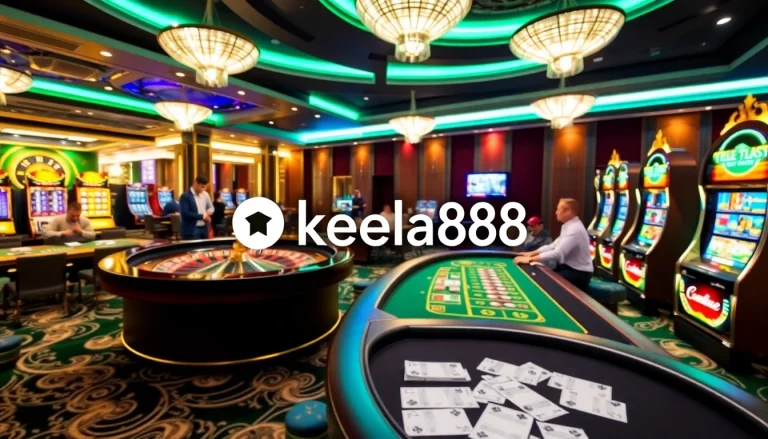 Khela88 casino scene with players at poker tables and a roulette wheel, radiating excitement.
