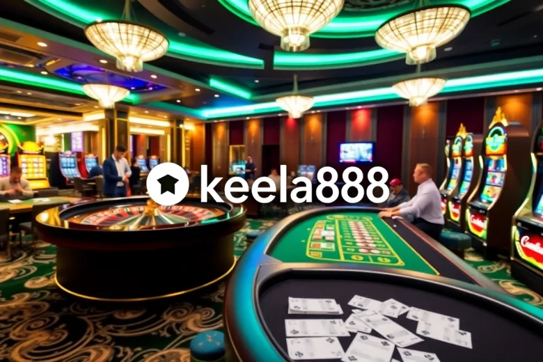 Khela88 casino scene with players at poker tables and a roulette wheel, radiating excitement.