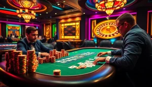 Intense poker gameplay at a luxury casino, featuring chips and cards, emphasizing excitement and safety at https://firekills.co.uk/.