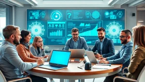 Engaged team at an ai startup collaborating creatively in a modern office.