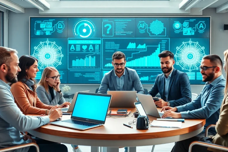 Engaged team at an ai startup collaborating creatively in a modern office.