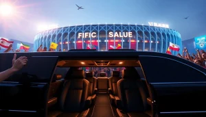 World Cup Group Transportation with a luxurious limousine at a Los Angeles stadium, capturing the excitement of fans.