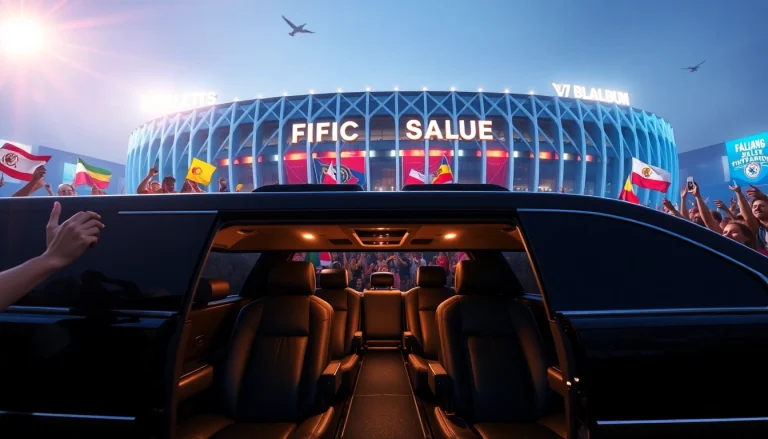 World Cup Group Transportation with a luxurious limousine at a Los Angeles stadium, capturing the excitement of fans.