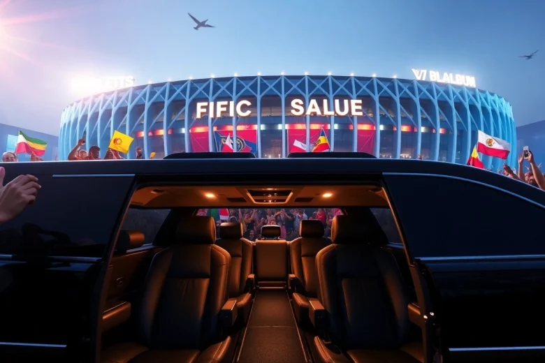 World Cup Group Transportation with a luxurious limousine at a Los Angeles stadium, capturing the excitement of fans.