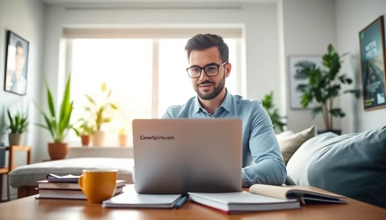 Engaged learner in a home office environment exploring CareerSprints.com for professional development.