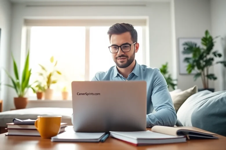 Engaged learner in a home office environment exploring CareerSprints.com for professional development.