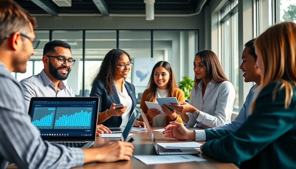 현대적인 금융 공간에서 소액결제 솔루션에 대해 논의하는 팀의 활발한 모습, 혁신을 선보임.