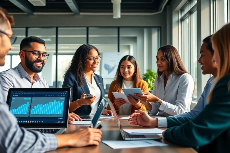 현대적인 금융 공간에서 소액결제 솔루션에 대해 논의하는 팀의 활발한 모습, 혁신을 선보임.