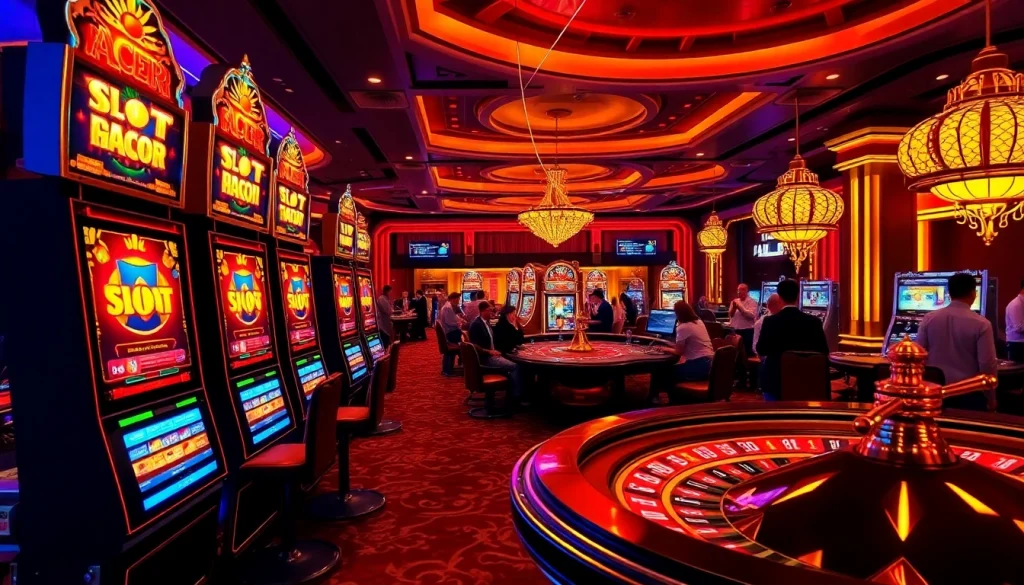 Exciting slot machine area featuring Slot Gacor Hari ini, players enjoying games and vibrant casino atmosphere.