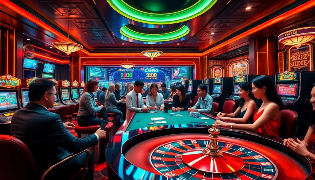 Players enjoying various casino games at https://rr88.pizza/ decorated with grand lighting and vibrant colors.