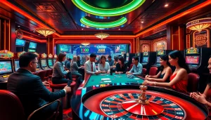 Players enjoying various casino games at https://rr88.pizza/ decorated with grand lighting and vibrant colors.