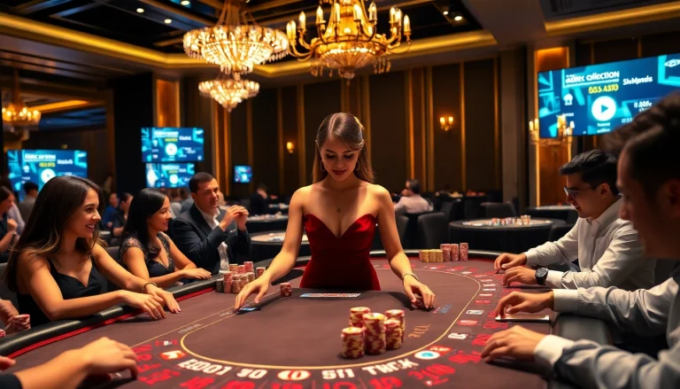 Excited players strategizing at a glamorous 주소모음 casino poker table amidst vibrant chips and luxurious decor.