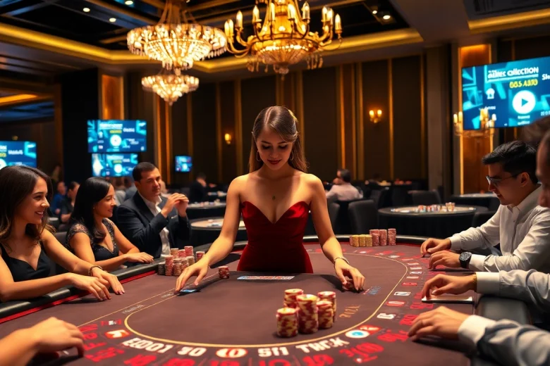 Excited players strategizing at a glamorous 주소모음 casino poker table amidst vibrant chips and luxurious decor.