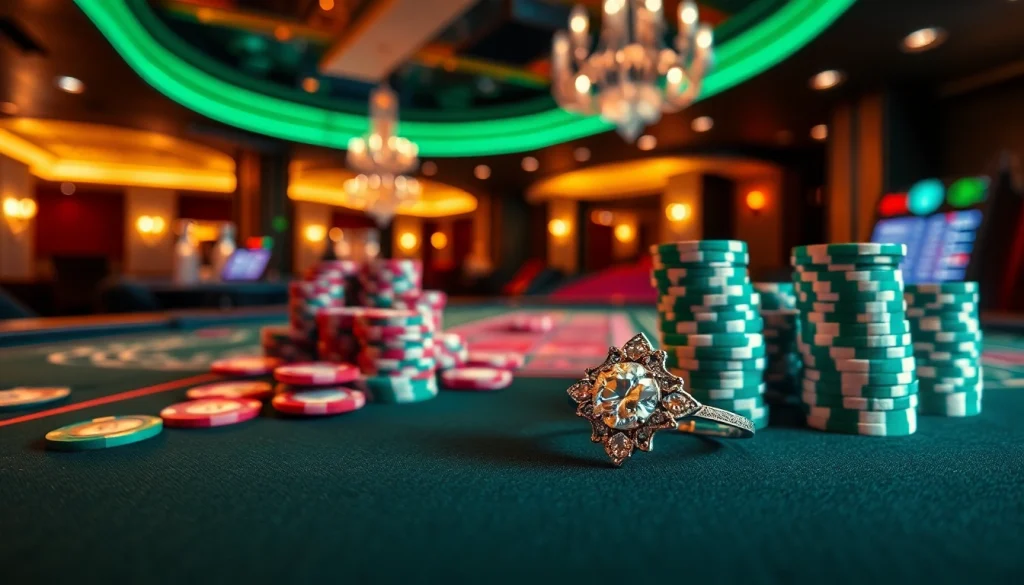 Engagement ring in 18K white gold amidst a vibrant casino with chips, symbolizing love and victory.