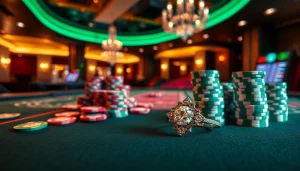 Engagement ring in 18K white gold amidst a vibrant casino with chips, symbolizing love and victory.