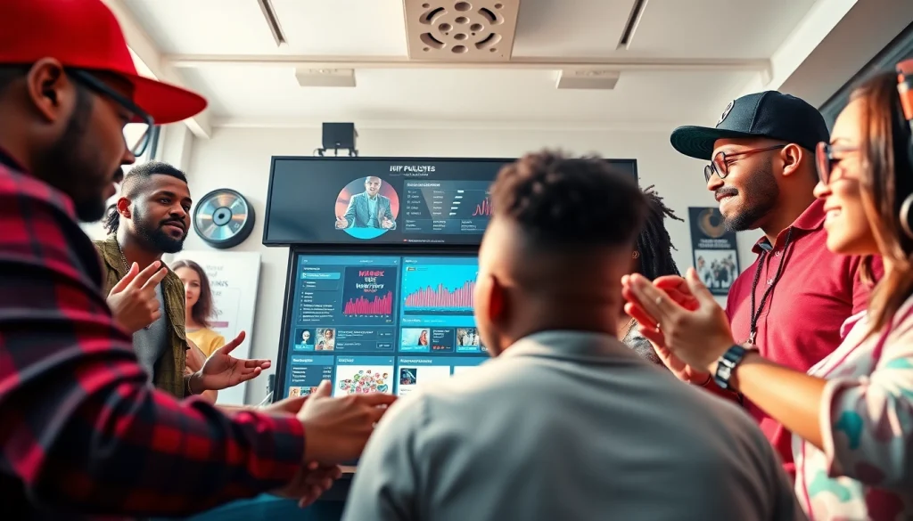 Engaging workspace of a leading hip hop PR firm showcasing a professional team strategizing music promotion.