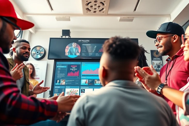 Engaging workspace of a leading hip hop PR firm showcasing a professional team strategizing music promotion.