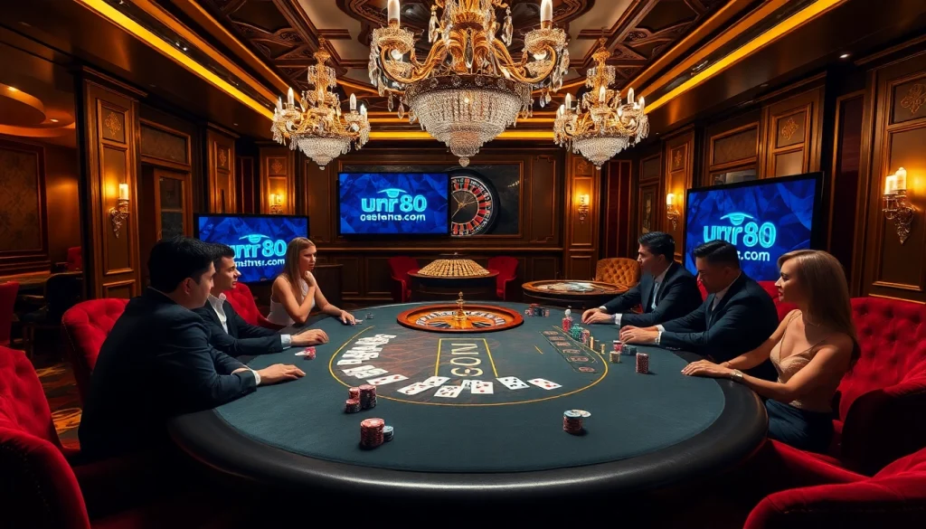 Experience a thrilling game at urr88.com with luxurious poker tables and vibrant casino atmosphere.