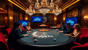 Experience a thrilling game at urr88.com with luxurious poker tables and vibrant casino atmosphere.