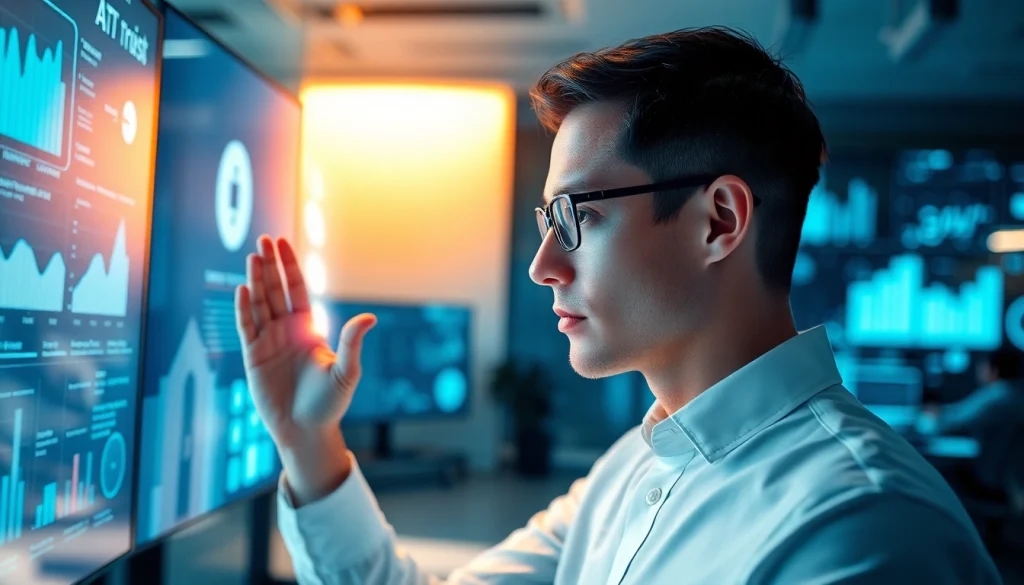 Engaging human interface with AI in a modern office setting, showcasing technology interaction.