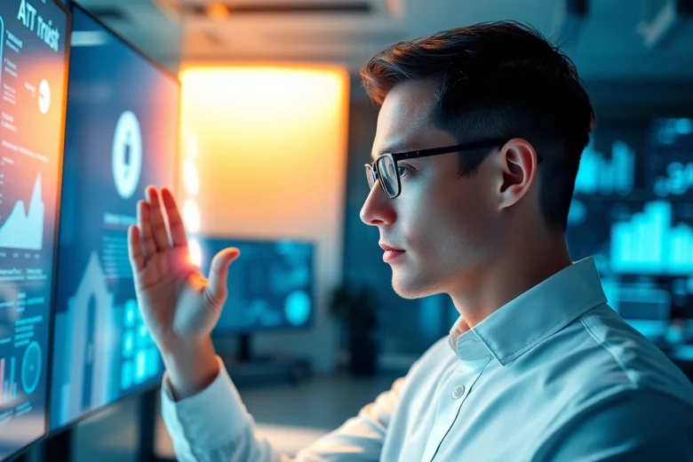 Engaging human interface with AI in a modern office setting, showcasing technology interaction.