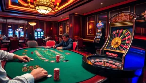 A thrilling scene at a casino with players at a poker table and a roulette wheel spinning, highlighting https://c168.io/ as a premier gambling platform.