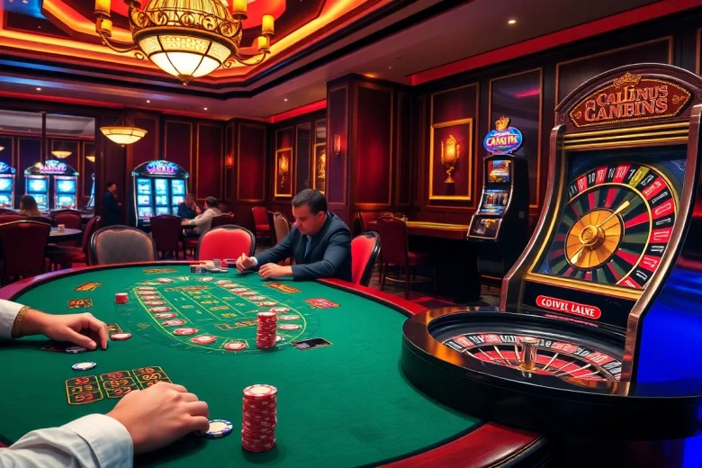 A thrilling scene at a casino with players at a poker table and a roulette wheel spinning, highlighting https://c168.io/ as a premier gambling platform.