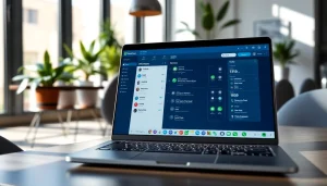 What is a CRM for WhatsApp displayed on a laptop in a modern office environment.