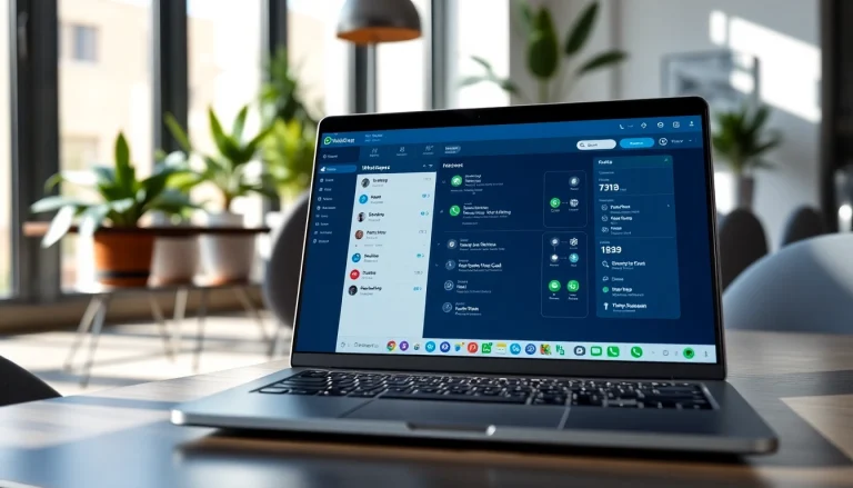 What is a CRM for WhatsApp displayed on a laptop in a modern office environment.