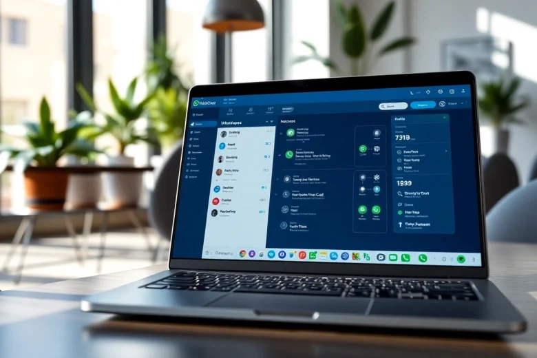 What is a CRM for WhatsApp displayed on a laptop in a modern office environment.