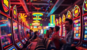 Menampilkan pemain slot yang bersemangat dalam permainan zoom188 dengan mesin slot penuh warna.