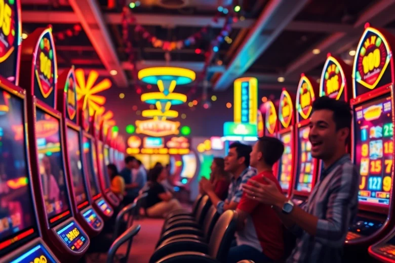 Menampilkan pemain slot yang bersemangat dalam permainan zoom188 dengan mesin slot penuh warna.