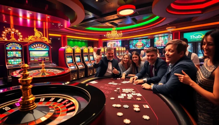 Thrilling gambling experience featuring Thabet with roulette, poker, and vibrant casino elements.