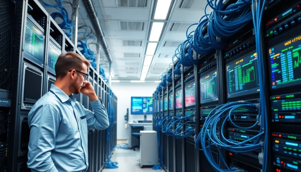 Optimize network infrastructure with a modern office setup highlighting organized technology and connectivity.