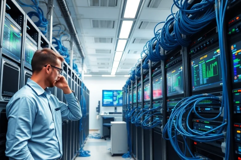 Optimize network infrastructure with a modern office setup highlighting organized technology and connectivity.
