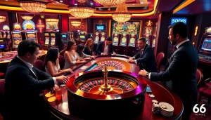 SODO66 offers an engaging casino experience with players at a roulette table, enjoying vibrant promotions.