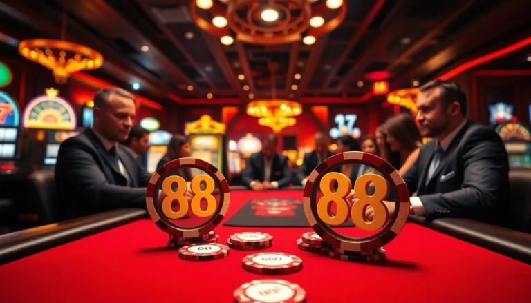 Players at a high-stakes poker table featuring 88i chips amidst a luxurious casino atmosphere.