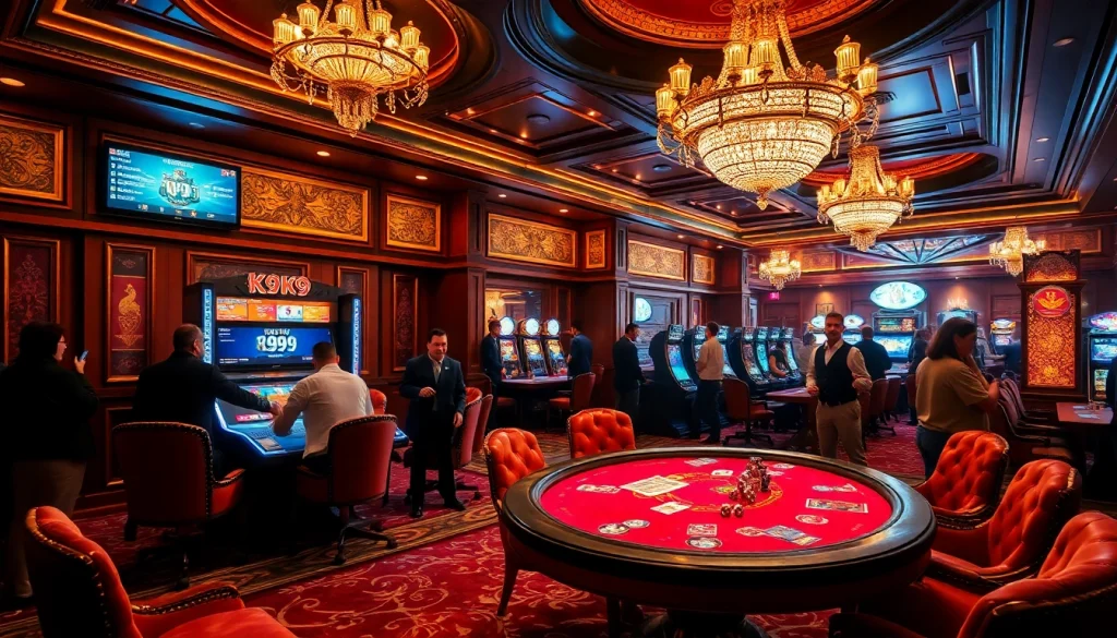 Players enjoying the k9k9 game at a luxurious casino with vibrant décor.