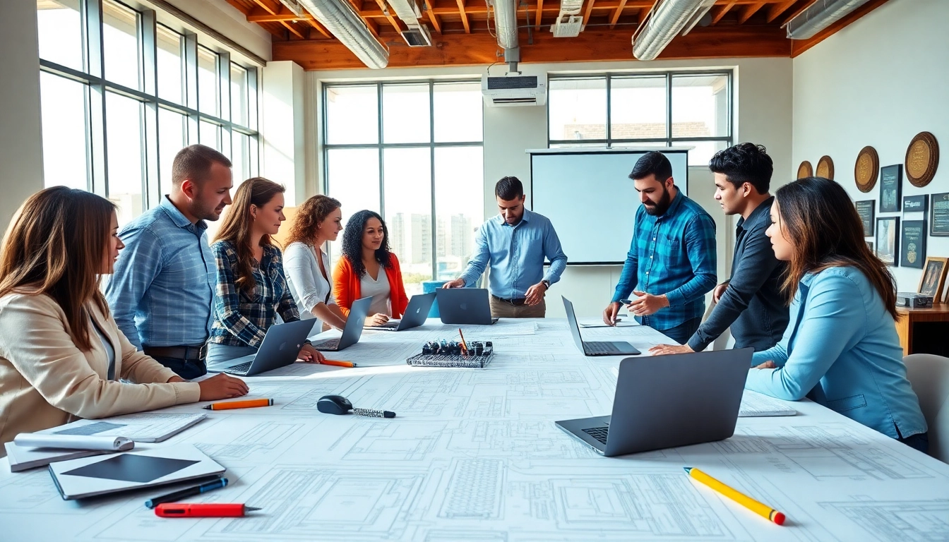 Members of a construction association in South Carolina collaborating over blueprints in a bright modern conference room.