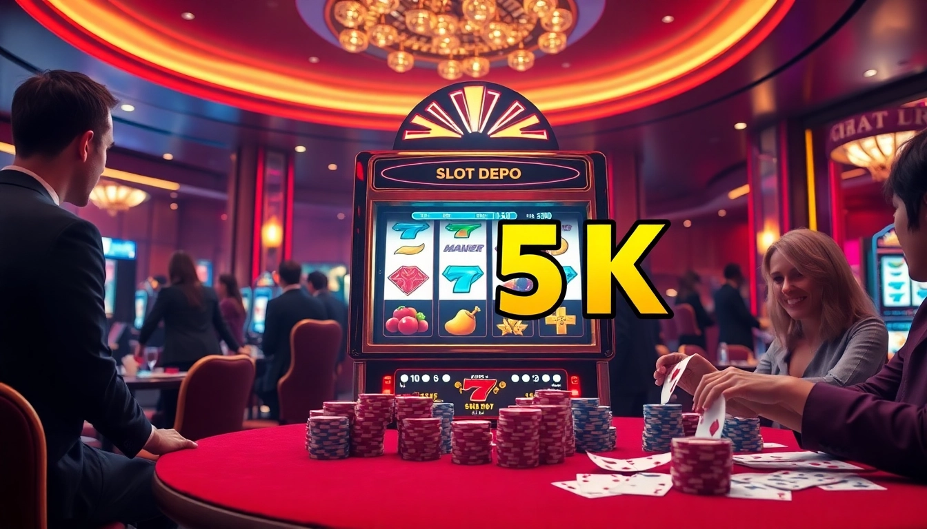 Rasakan kegembiraan Slot Depo 5K dengan latar kasino yang hidup menampilkan mesin slot modern.